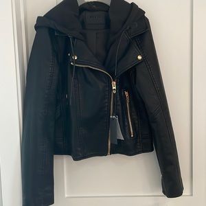 Faux Leather Biker Jacket with Detachable hood- never worn with tags. Size s